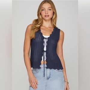 Scallop Front Tie Vest Navy Women’s Size Small Spring Cottage Core NWT She + Sky
